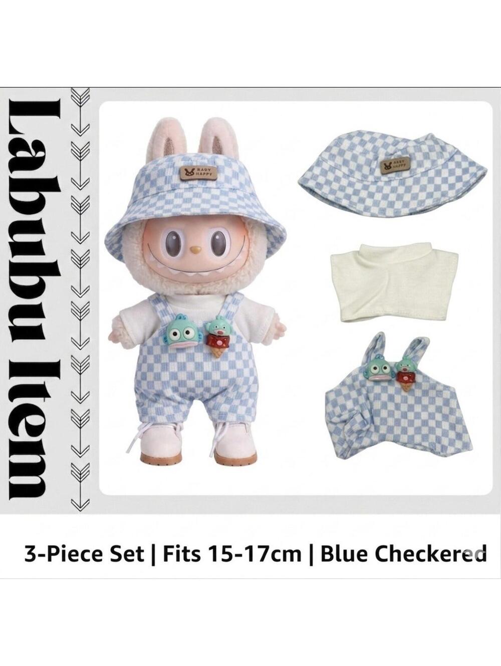 Labubu Blue Plaid 3pc Doll Outfit Set with Bucket Hat & Tops